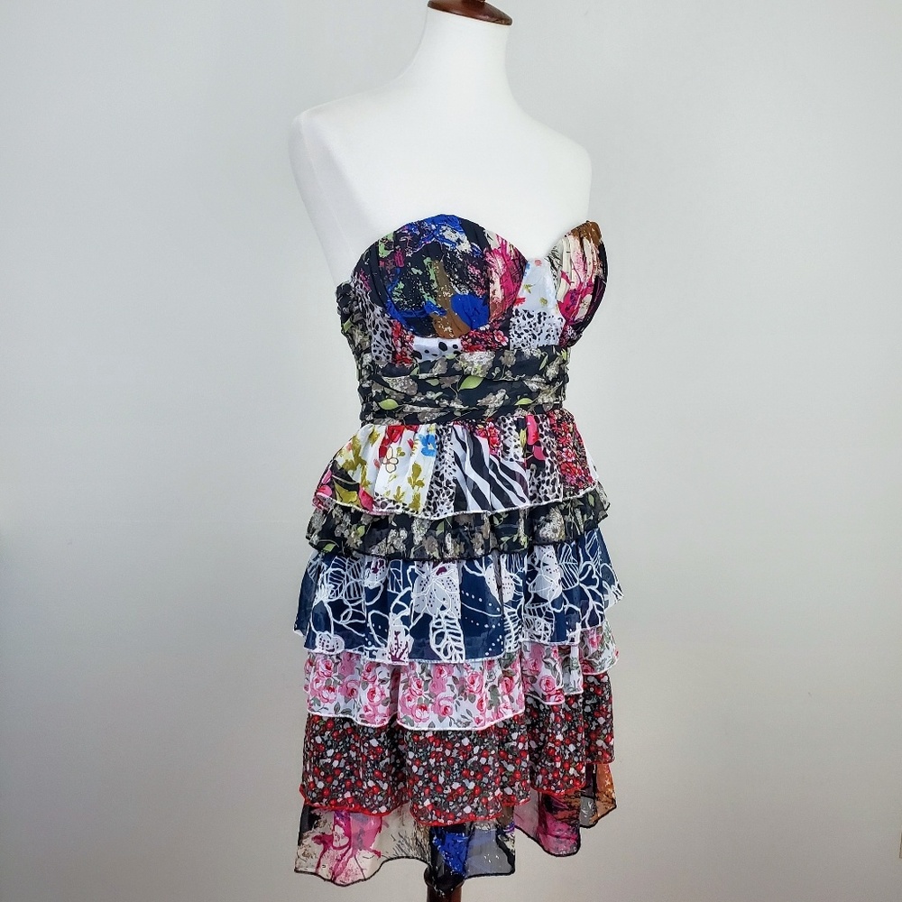 Kitty Mixed Floral Tiered Ruffle Strapless Dress - Picture 6 of 8